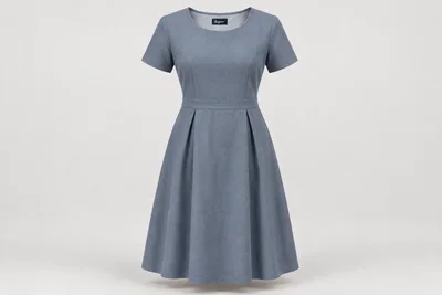 Corporate Dresses — Women's blue-grey below-knee short-sleeve dress, modest round neck, structured waist and two subtle skirt pleats. product front. Illustrative catalogue concept.