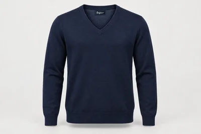 Corporate Knitwear — Adult unisex navy fine-gauge long-sleeve V-neck sweater, smooth cotton-knit texture, ribbed cuffs and hem. product front. Illustrative catalogue concept.
