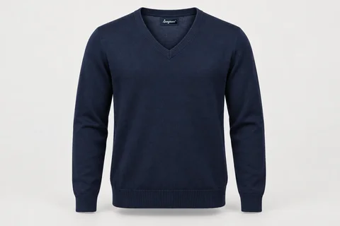 Corporate Knitwear — Adult unisex navy fine-gauge long-sleeve V-neck sweater, smooth cotton-knit texture, ribbed cuffs and hem. product front. Illustrative catalogue concept.