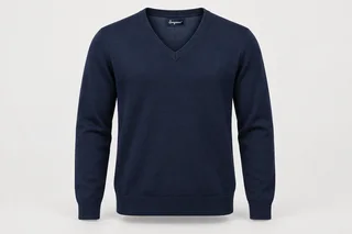 Corporate Knitwear — Adult unisex navy fine-gauge long-sleeve V-neck sweater, smooth cotton-knit texture, ribbed cuffs and hem. product front. Illustrative catalogue concept.