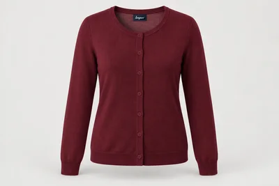 Corporate Knitwear — Women's burgundy fine-gauge round-neck long-sleeve cardigan with small matching buttons. product front. Illustrative catalogue concept.