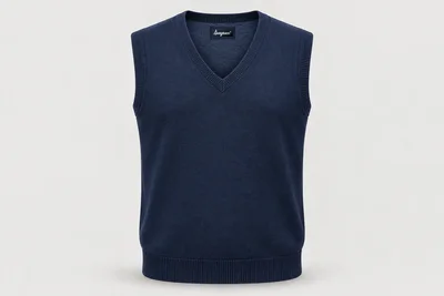 Corporate Knitwear — Men's navy sleeveless V-neck fine-gauge sweater vest with ribbed hem. product front. Illustrative catalogue concept.