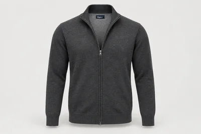 Corporate Knitwear — Men's charcoal fine-gauge full-zip cardigan with long sleeves and a low stand collar.. product front. Illustrative catalogue concept.