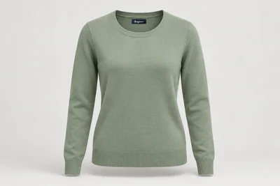 Corporate Knitwear — Women's muted sage fine-gauge long-sleeve crew-neck sweater with neat rib trims. product front. Illustrative catalogue concept.
