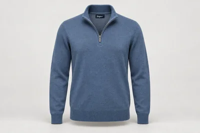 Corporate Knitwear — Unisex steel-blue fine-gauge quarter-zip sweater with a low stand collar.. product front. Illustrative catalogue concept.