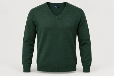Corporate Knitwear — Unisex forest-green fine-gauge long-sleeve V-neck sweater, tonal rib trim. product front. Illustrative catalogue concept.