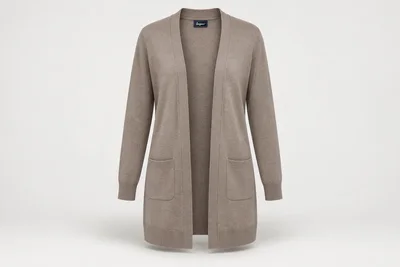 Corporate Knitwear — Women's taupe longline open-front fine-gauge cardigan, no buttons, two neat lower patch pockets. product front. Illustrative catalogue concept.