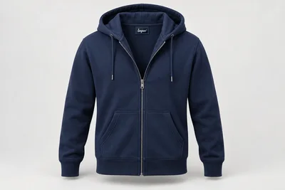 Corporate Knitwear — Unisex navy cotton-knit zip hoodie with a compact hood and divided kangaroo pockets for startup teams.. product front. Illustrative catalogue concept.