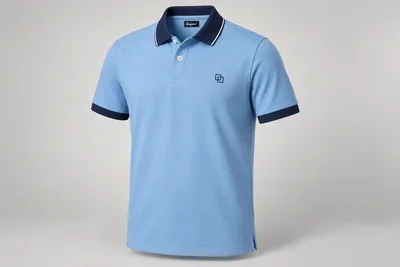 Corporate Polo Shirts — Sky-blue polo with navy collar and sleeve tipping. product front. Illustrative catalogue concept.