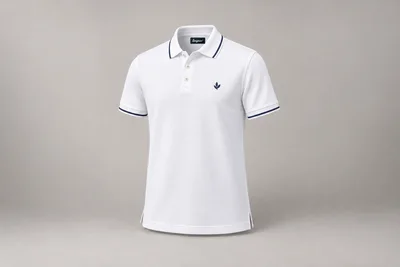 Corporate Polo Shirts — White polo with fine navy tipping and a three-button placket. product front. Illustrative catalogue concept.