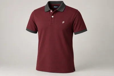 Corporate Polo Shirts — Burgundy polo with charcoal collar and two-button placket. product front. Illustrative catalogue concept.