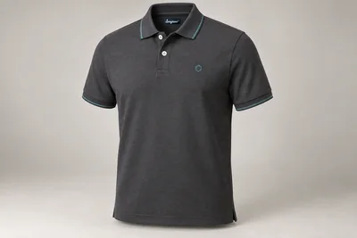 Corporate Polo Shirts — Charcoal polo with muted teal collar tipping. product front. Illustrative catalogue concept.