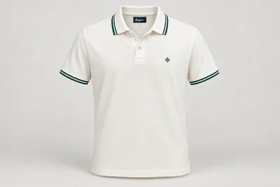Corporate Polo Shirts — Unisex ivory short-sleeve cotton pique polo with deep green fine twin collar and cuff tipping, two pearl four-hole buttons, tiny original green geometric chest motif. product front. Illustrative catalogue concept.