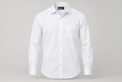 Corporate Shirts — Crisp white cotton poplin men's long-sleeve shirt, spread collar, barrel cuffs, regular tailored fit and wearer-left patch pocket. product front. Illustrative catalogue concept.
