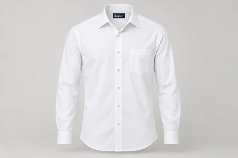 Corporate Shirts — Crisp white cotton poplin men's long-sleeve shirt, spread collar, barrel cuffs, regular tailored fit and wearer-left patch pocket. product front. Illustrative catalogue concept.
