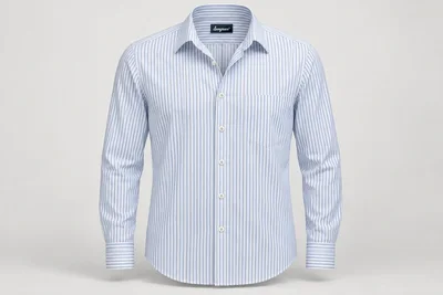 Corporate Shirts — White and fine-blue vertical pinstripe men's long-sleeve shirt, semi-spread collar and chest pocket. product front. Illustrative catalogue concept.
