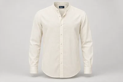 Corporate Shirts — Ivory cotton men's long-sleeve band-collar shirt with narrow band and rounded hem, no pocket. product front. Illustrative catalogue concept.