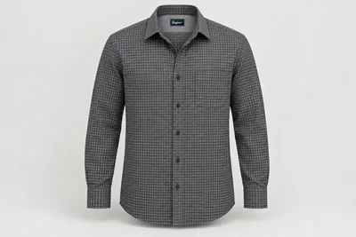Corporate Shirts — Charcoal and pale-grey small woven microcheck men's long-sleeve shirt, point collar, chest pocket. product front. Illustrative catalogue concept.