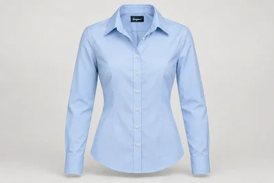Corporate Shirts — Powder blue women's long-sleeve tailored corporate shirt, moderate waist shaping, point collar, NO chest pockets. product front. Illustrative catalogue concept.