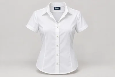 Corporate Shirts — White women's short-sleeve fitted office shirt, small collar, shaped waist, NO chest pockets. product front. Illustrative catalogue concept.