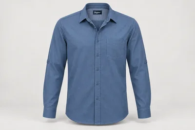 Corporate Shirts — Steel blue men's long-sleeve twill shirt with neat single chest pocket, regular fit, practical roll-tab sleeves displayed down. product front. Illustrative catalogue concept.