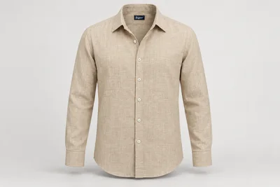 Corporate Shirts — Sand-beige linen-look men's long-sleeve shirt, spread collar, refined relaxed fit, no pocket. product front. Illustrative catalogue concept.