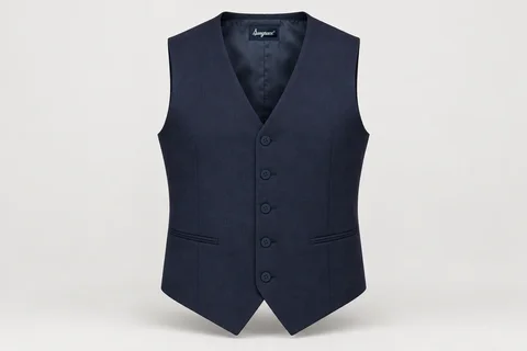Waistcoats — Men's navy five-button single-breasted formal waistcoat, V-neck, two lower welt pockets, pointed hem, navy tonal buttons. product front. Illustrative catalogue concept.