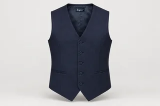 Waistcoats — Men's navy five-button single-breasted formal waistcoat, V-neck, two lower welt pockets, pointed hem, navy tonal buttons. product front. Illustrative catalogue concept.