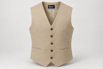 Waistcoats — Men's sand linen-look five-button waistcoat, V neck, two small lower welt pockets, brown horn-effect buttons. product front. Illustrative catalogue concept.