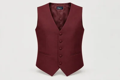 Waistcoats — Men's burgundy five-button waistcoat, V-neck, pointed hem, burgundy covered buttons. product front. Illustrative catalogue concept.