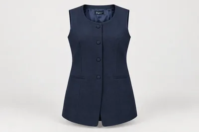 Waistcoats — Women's navy collarless round-neck longline waistcoat, four covered buttons, neat lower welt pockets. product front. Illustrative catalogue concept.