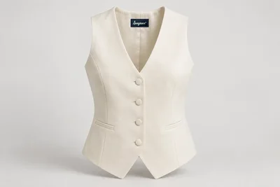 Waistcoats — Women's ivory tailored four-button V-neck waistcoat with subtle shaped waist, ivory covered buttons. product front. Illustrative catalogue concept.