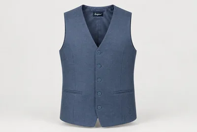 Waistcoats — Men's steel-blue five-button waistcoat, shallow V neck and straight lower hem, blue tonal buttons. product front. Illustrative catalogue concept.