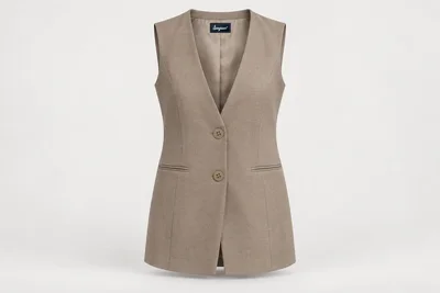 Waistcoats — Women's taupe longline collarless waistcoat, modest V neck, two tonal buttons, clean straight hem. product front. Illustrative catalogue concept.