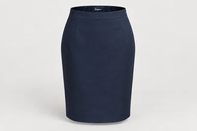 Formal Skirts — Women's navy knee-length tailored pencil skirt, straight waistband, concealed back vent. product front. Illustrative catalogue concept.