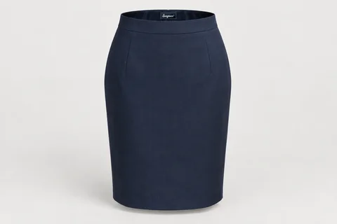 Formal Skirts — Women's navy knee-length tailored pencil skirt, straight waistband, concealed back vent. product front. Illustrative catalogue concept.