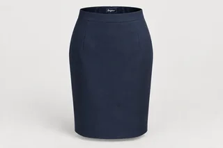 Formal Skirts — Women's navy knee-length tailored pencil skirt, straight waistband, concealed back vent. product front. Illustrative catalogue concept.