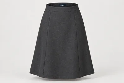 Formal Skirts — Women's charcoal knee-length A-line skirt, smooth waistband and clean panel seams. product front. Illustrative catalogue concept.
