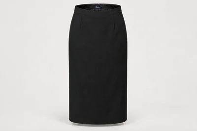 Formal Skirts — Women's black modest below-knee straight formal skirt with back walking vent. product front. Illustrative catalogue concept.