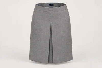 Formal Skirts — Women's medium-grey knee-length office skirt with one restrained centre box pleat. product front. Illustrative catalogue concept.