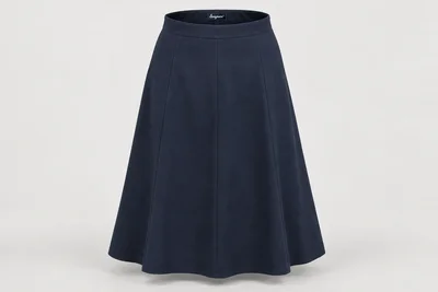 Formal Skirts — Women's navy six-panel A-line below-knee skirt, clean smooth seams. product front. Illustrative catalogue concept.