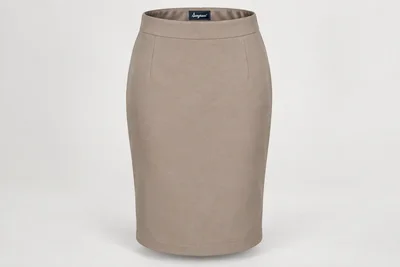 Formal Skirts — Women's taupe knee-length pencil skirt with smooth broad waistband. product front. Illustrative catalogue concept.