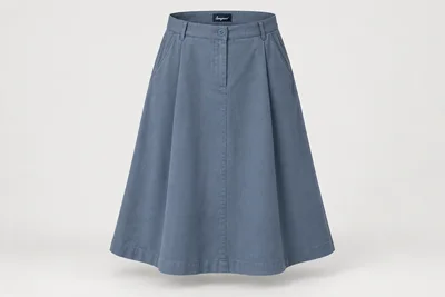 Formal Skirts — Women's blue-grey below-knee A-line skirt with subtle side pockets. product front. Illustrative catalogue concept.