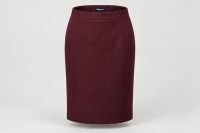 Formal Skirts — Women's dark burgundy knee-length straight tailored skirt with back vent. product front. Illustrative catalogue concept.