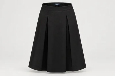 Formal Skirts — Women's black below-knee skirt with two neat front inverted pleats. product front. Illustrative catalogue concept.