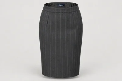 Formal Skirts — Women's graphite knee-length pencil skirt with fine grey vertical pinstripes. product front. Illustrative catalogue concept.