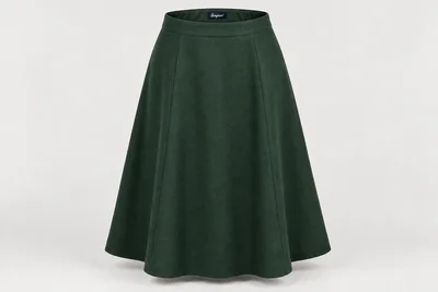 Formal Skirts — Women's dark forest-green below-knee A-line skirt, narrow waistband. product front. Illustrative catalogue concept.