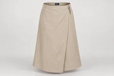 Formal Skirts — Women's stone-beige modest below-knee skirt with fully closed wrap-effect front and secure overlap. product front. Illustrative catalogue concept.