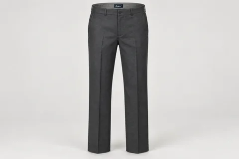 Formal Trousers — Men's charcoal flat-front full-length straight-leg formal trousers, pressed front creases, belt loops, side pockets. product front. Illustrative catalogue concept.