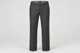 Formal Trousers — Men's charcoal flat-front full-length straight-leg formal trousers, pressed front creases, belt loops, side pockets. product front. Illustrative catalogue concept.